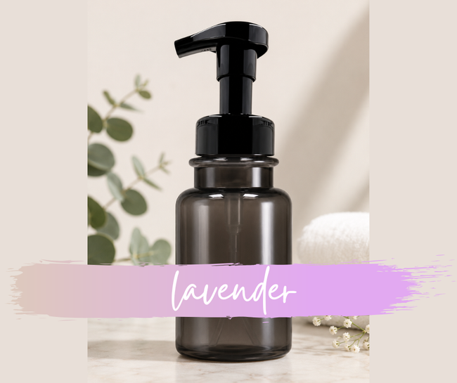 Lavender foaming hand soap calming floral scent in a grey pump bottle
